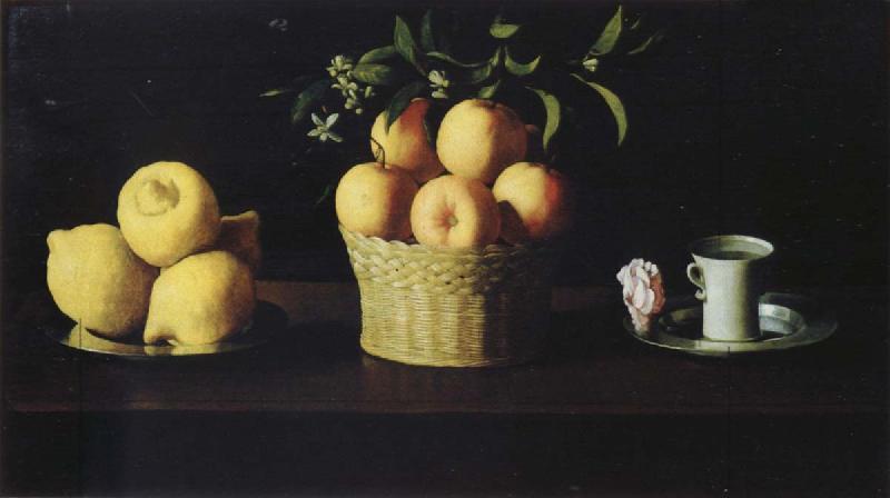 Francisco de Zurbaran Style life with lemon of orange and a rose oil painting image